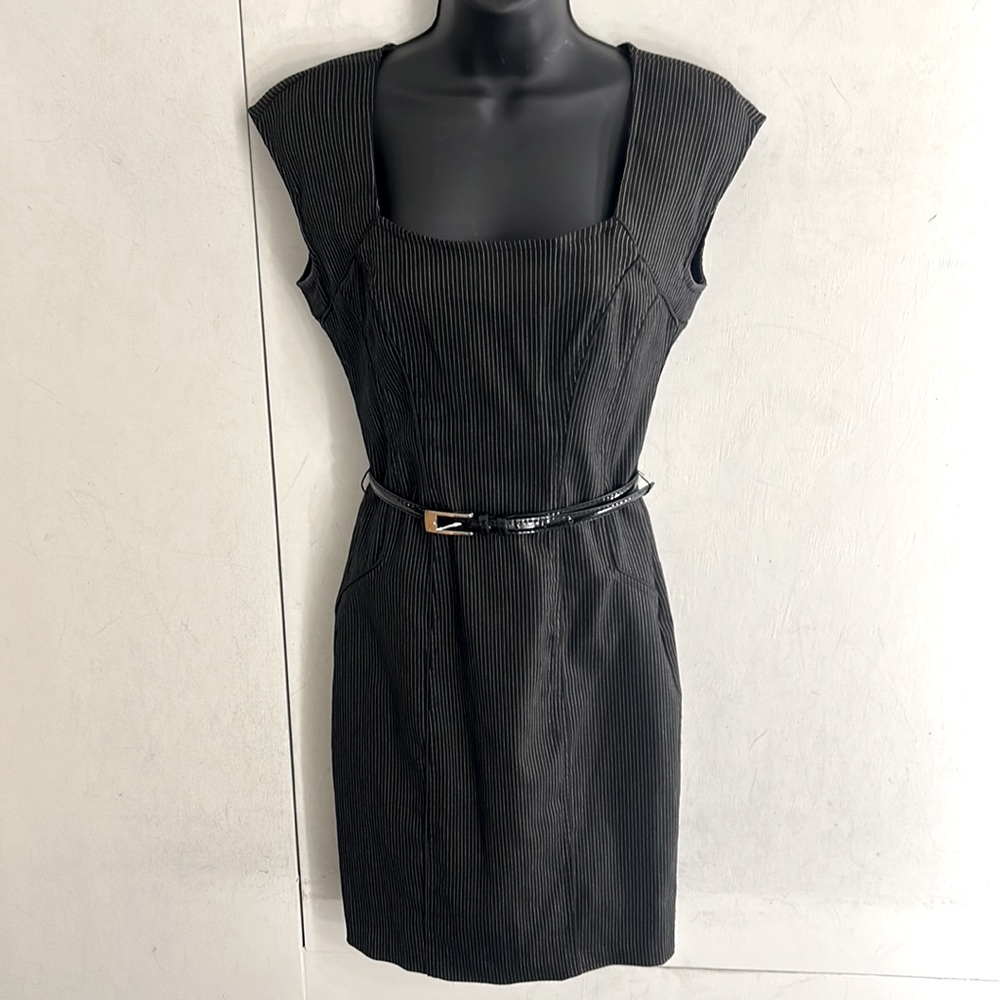 My Michelle Black Pinstripe Sheath Dress with Belt